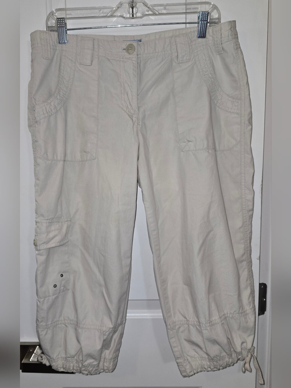 IZOD Petite Cargo Capri Pants Women's 12P Khaki Cotton Drawstring Hem